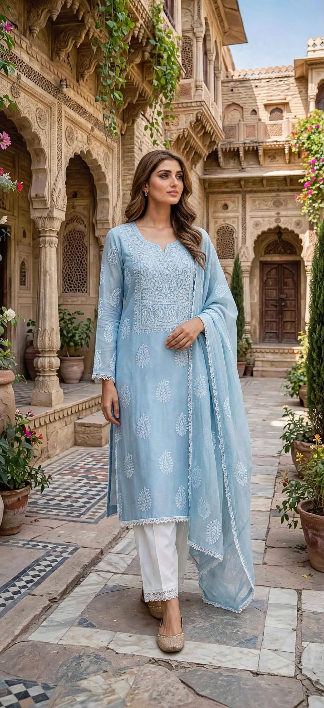 Ice Blue - Embroidered 2-Piece Stitched Paper Cotton Suit
