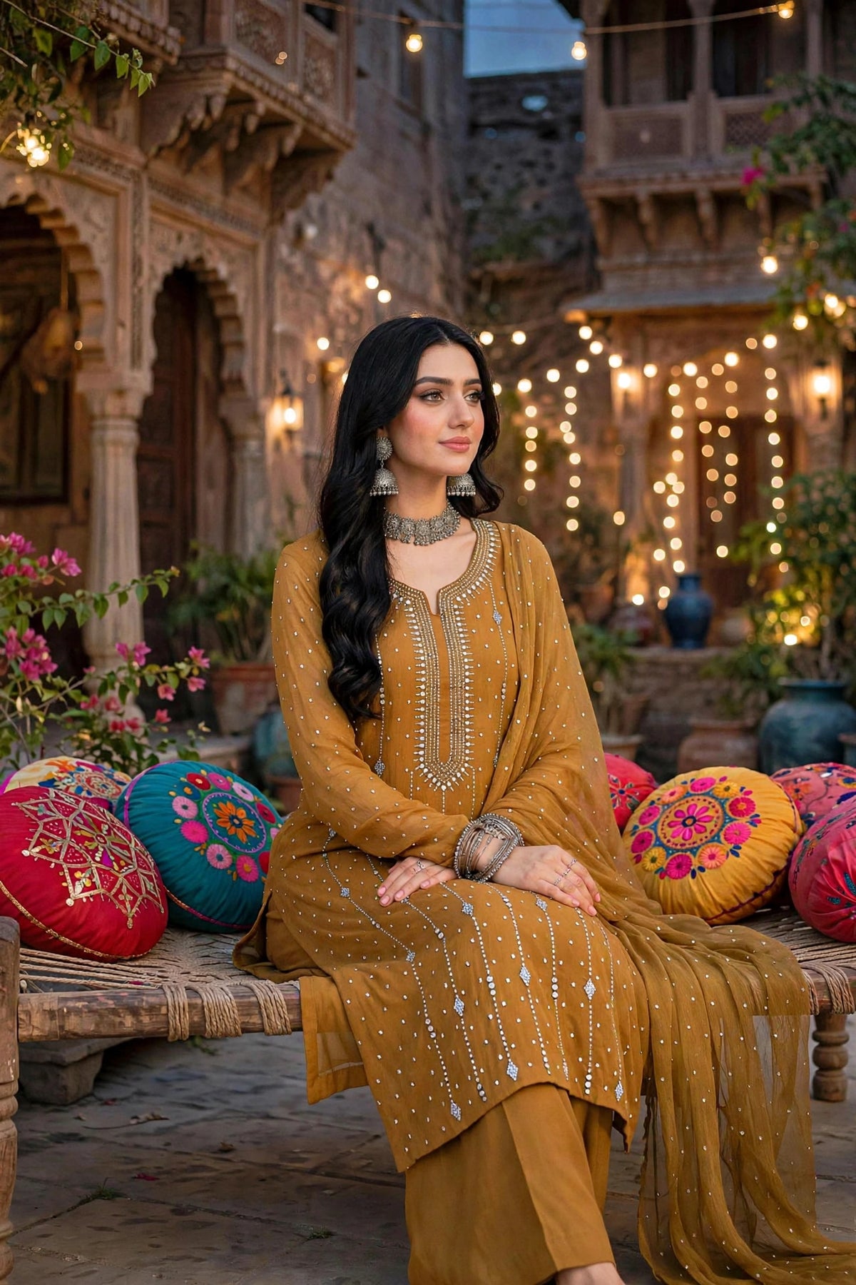 Mustard Yellow - Makesh Work - Soft Chiffon - 2-Piece Unstitched Suit