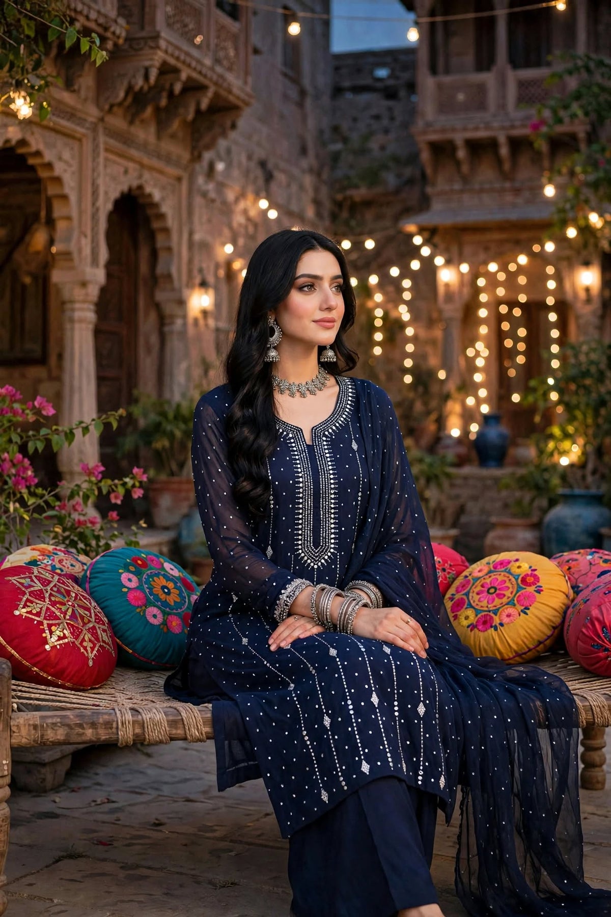 Navy Blue - Makesh Work - Soft Chiffon - 2-Piece Unstitched Suit