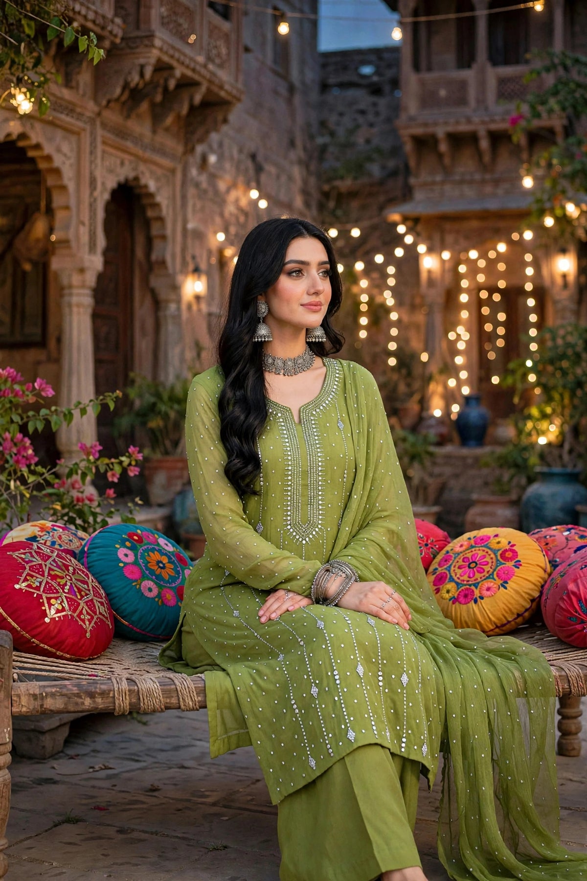Green - Makesh Work - Soft Chiffon - 2-Piece Unstitched Suit