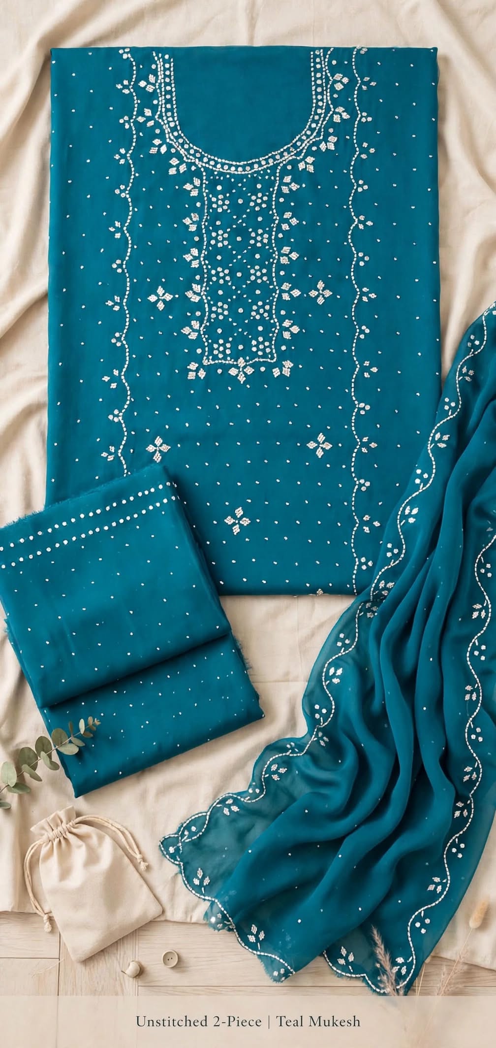 Deep Teal - Kamdani Makesh Work - Soft Chiffon - 2-Piece Unstitched Suit