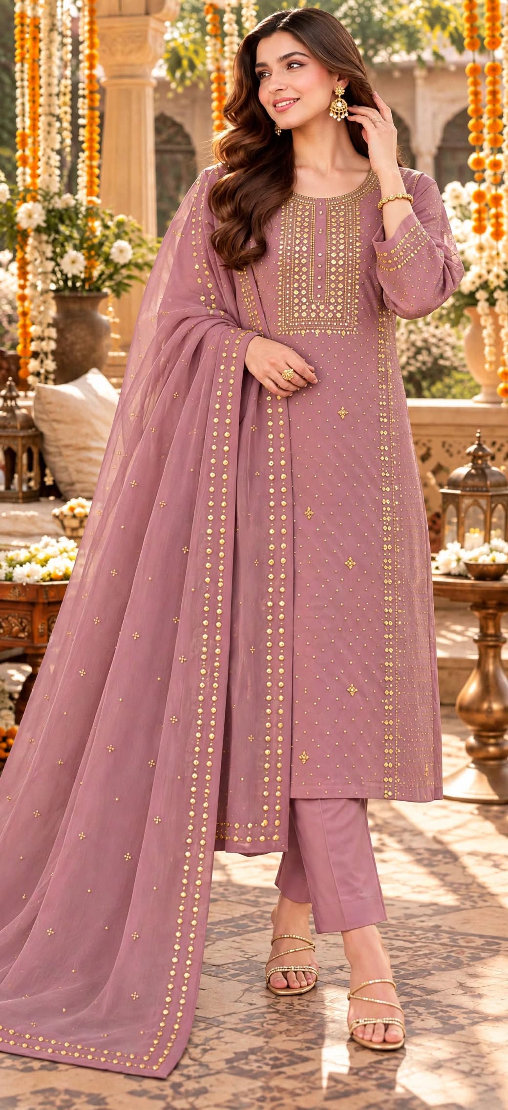 Rose Pink - Kamdani Makesh Work - Soft Chiffon - 2-Piece Unstitched Suit