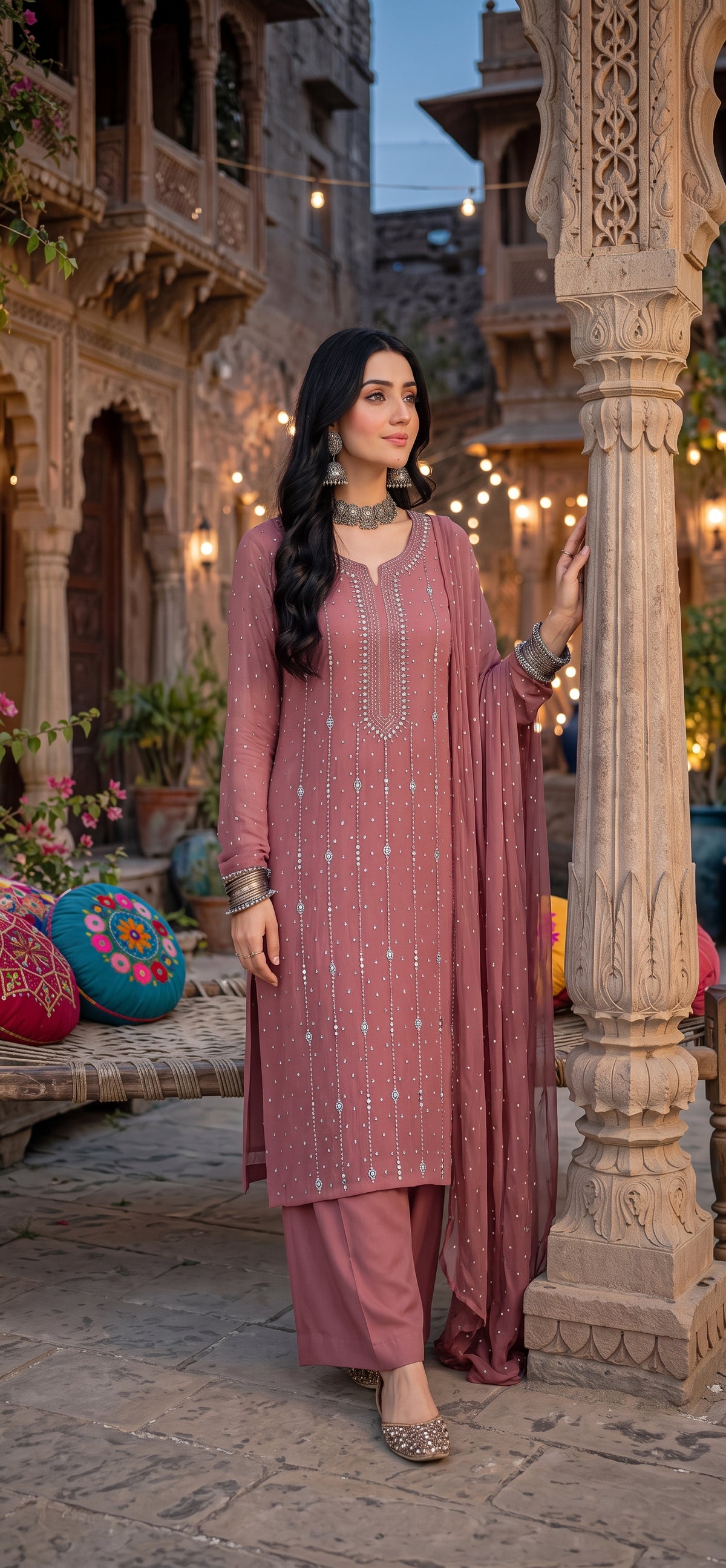 Mauve- Kamdani Makesh Work - Soft Chiffon - 3-Piece Unstitched Suit