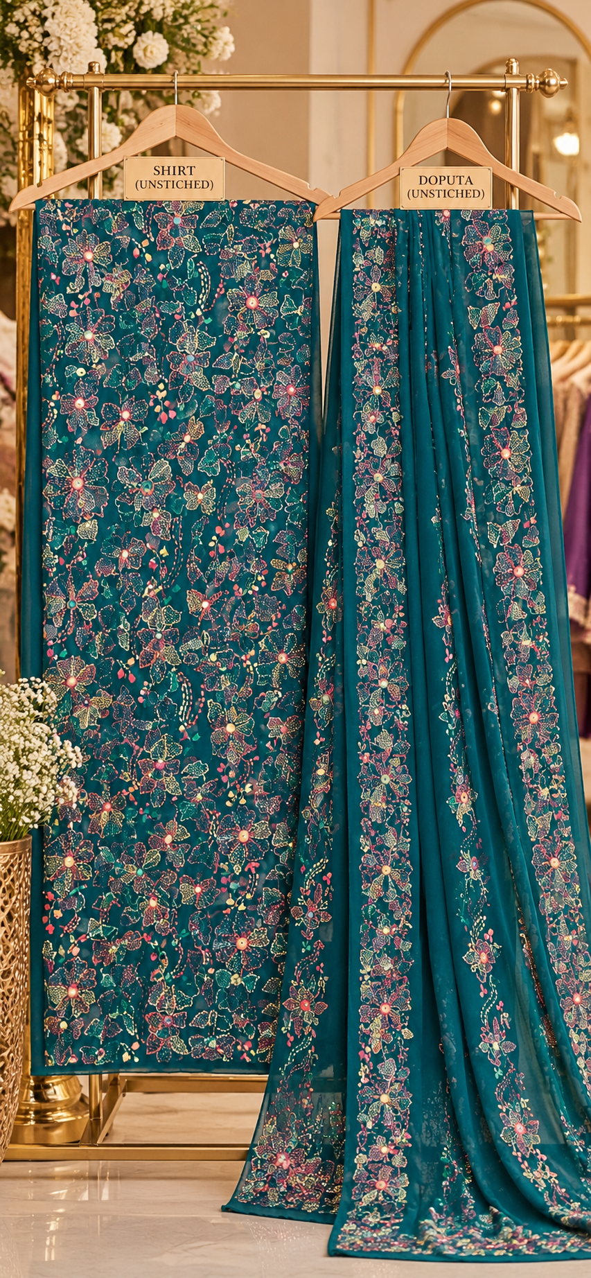 Turquoise - Sheesh Bagh - Embroidered 3-Piece Unstitched Chiffon Suit