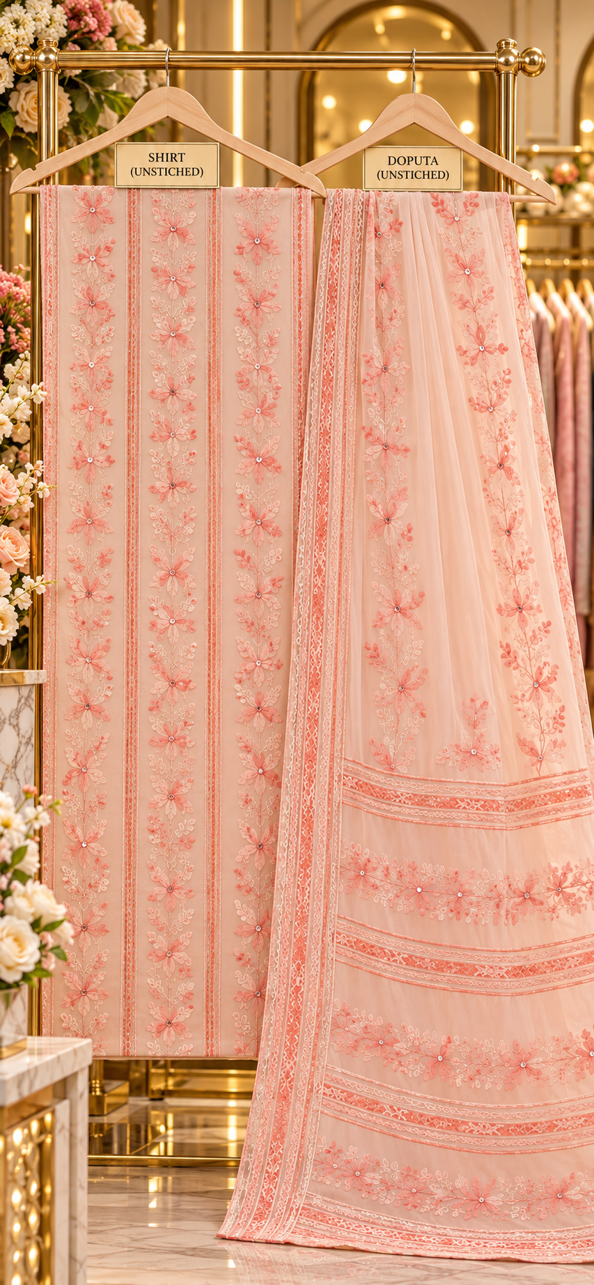 Peach on Peach - Tarkashi Gulistan - Embroidered 3-Piece Unstitched Chiffon Suit