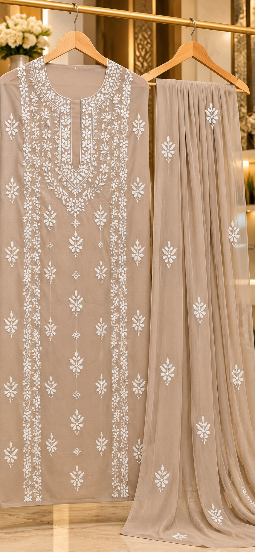 Beige - Sheesh Bagh - Embroidered 3-Piece Unstitched Chiffon Suit
