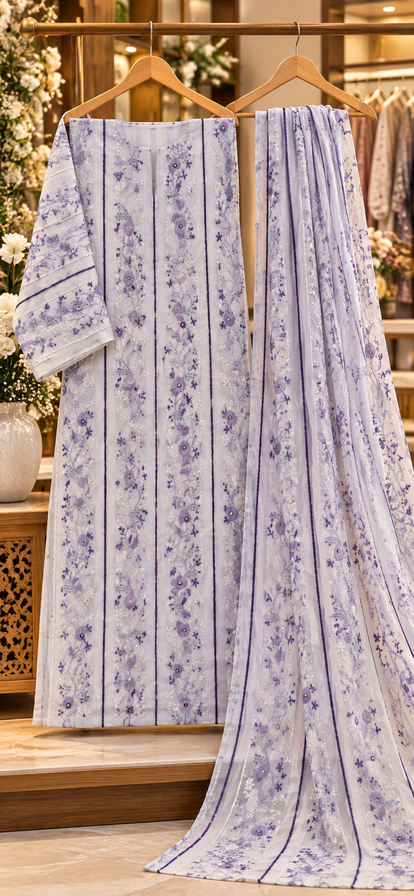 White Purple  - Tarkashi Gulistan - Embroidered 3-Piece Unstitched Chiffon Suit