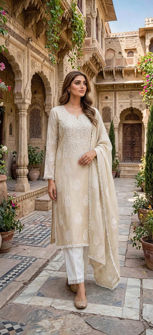 Beige - Embroidered 2-Piece Unstitched Paper Cotton Suit