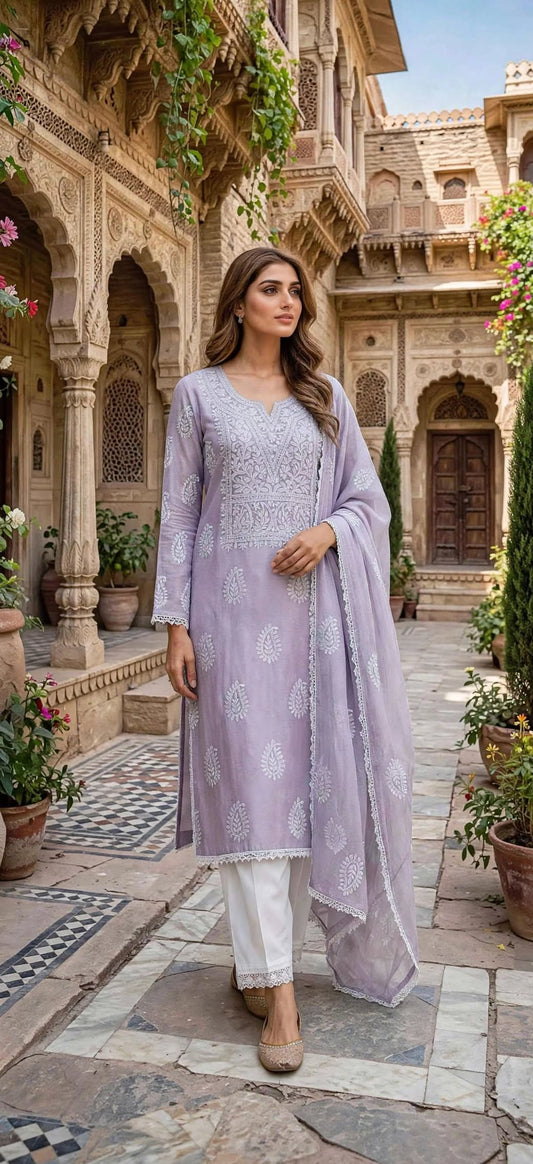 Lilac - Embroidered 2-Piece Stitched Paper Cotton Suit