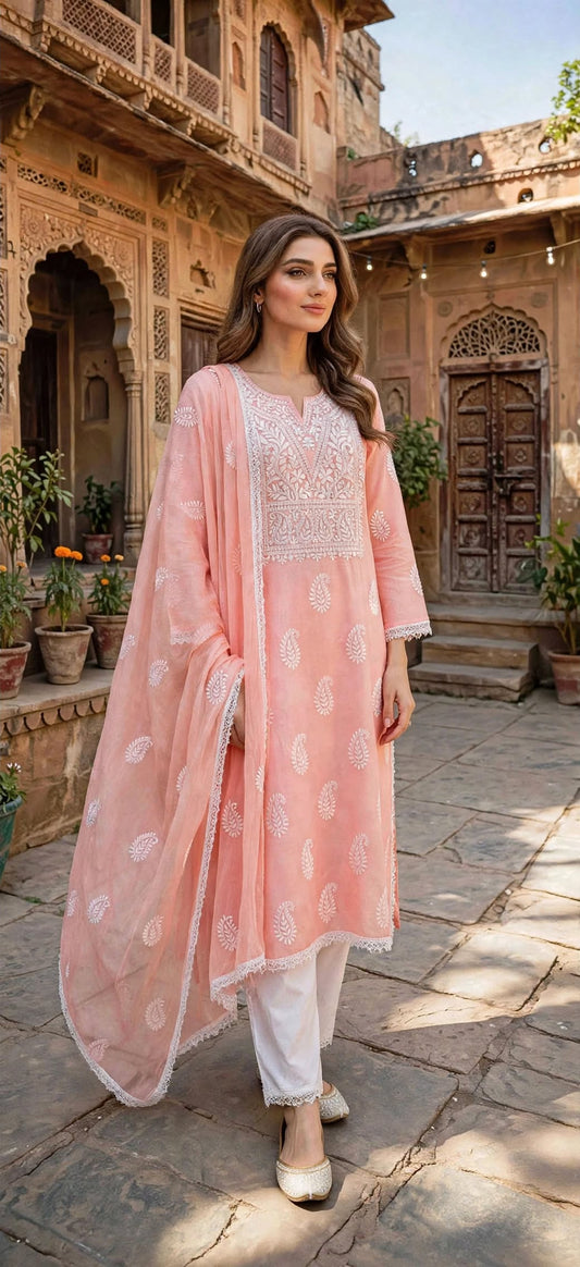 Soft Pink - Embroidered 2-Piece Stitched Paper Cotton Suit