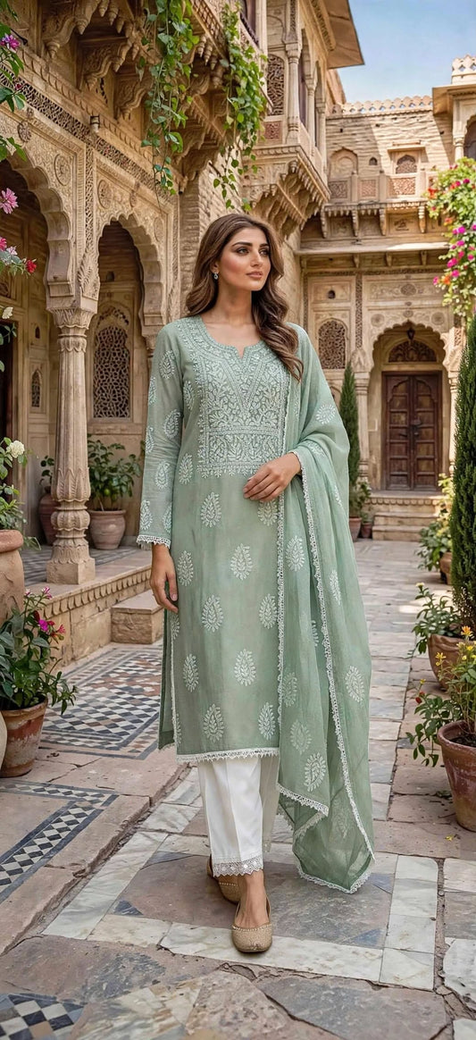 Sage Green - Embroidered 2-Piece Stitched Paper Cotton Suit