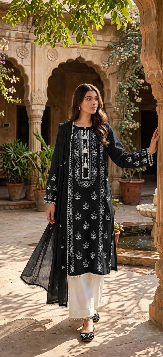Black - Embroidered 3-Piece Unstitched Paper Cotton Suit
