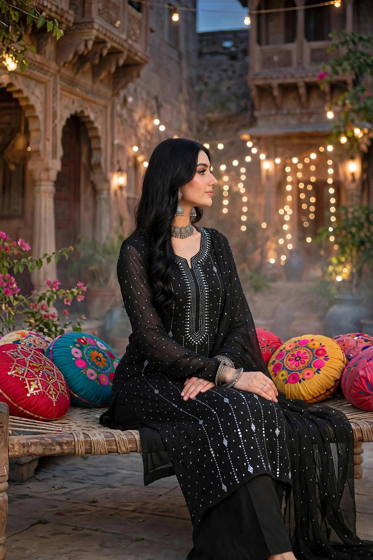 Black - Kamdani Makesh Work - Soft Chiffon - 2-Piece Unstitched Suit