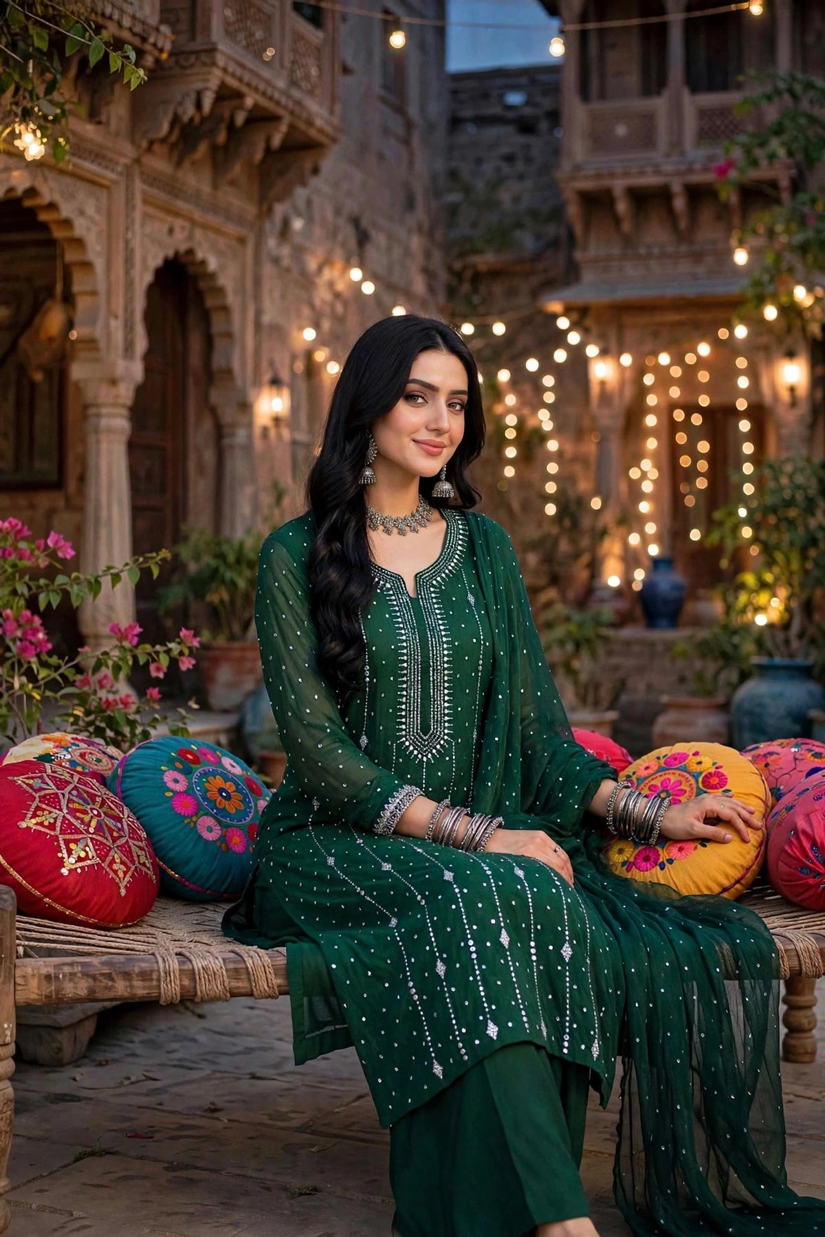 Emerald Green - Kamdani Makesh Work - Soft Chiffon - 2-Piece Unstitched Suit