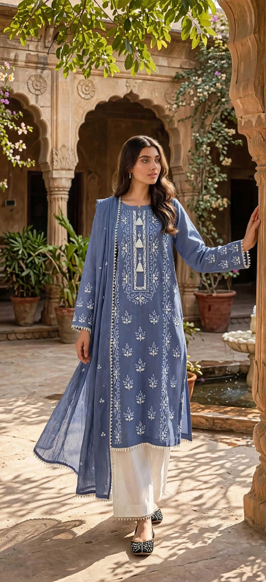 Dusty Blue - Embroidered 3-Piece Unstitched Paper Cotton Suit