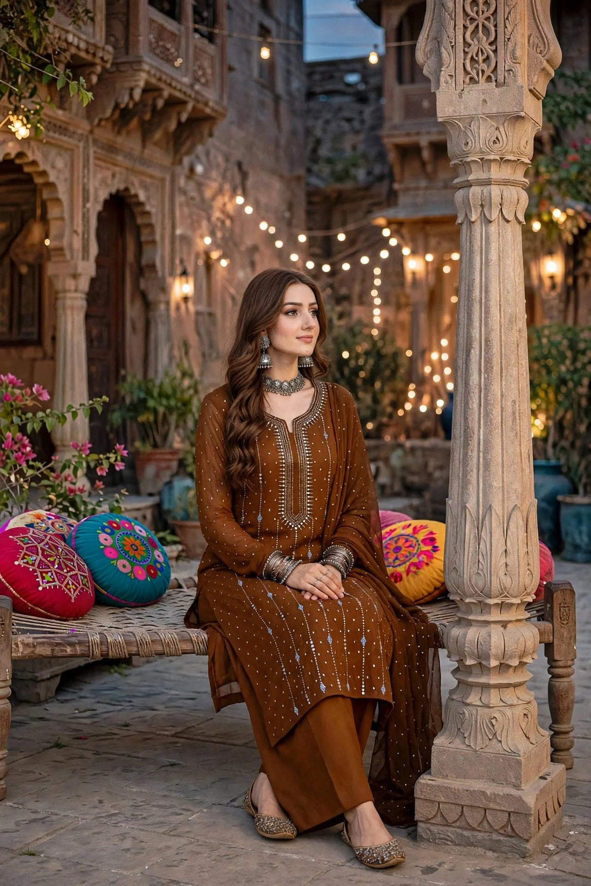 Rusty Brown - Kamdani Makesh Work - Soft Chiffon - 3-Piece Unstitched Suit