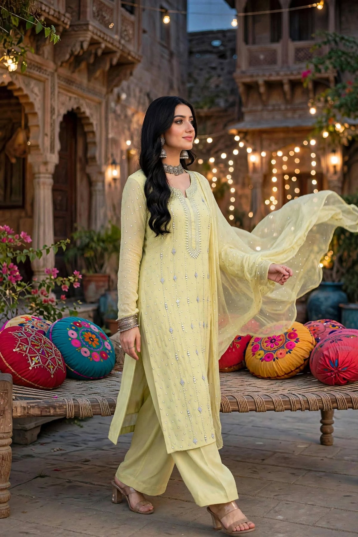 Butter Yellow - Makesh Work - Soft Chiffon - 2-Piece Unstitched Suit