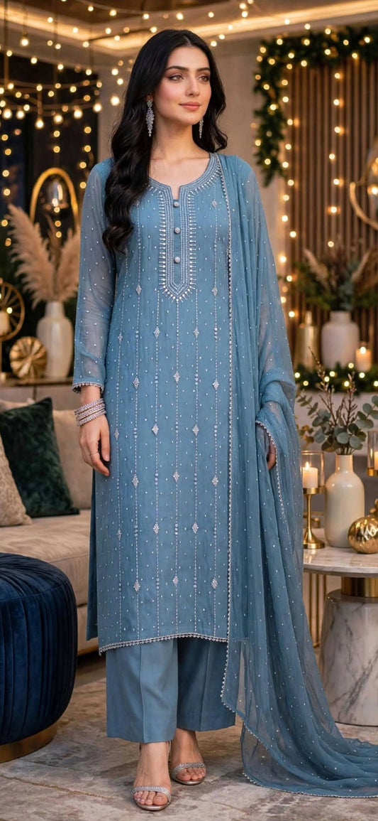 Dusty Blue - Kamdani Makesh Work - Soft Chiffon - 2-Piece Unstitched Suit
