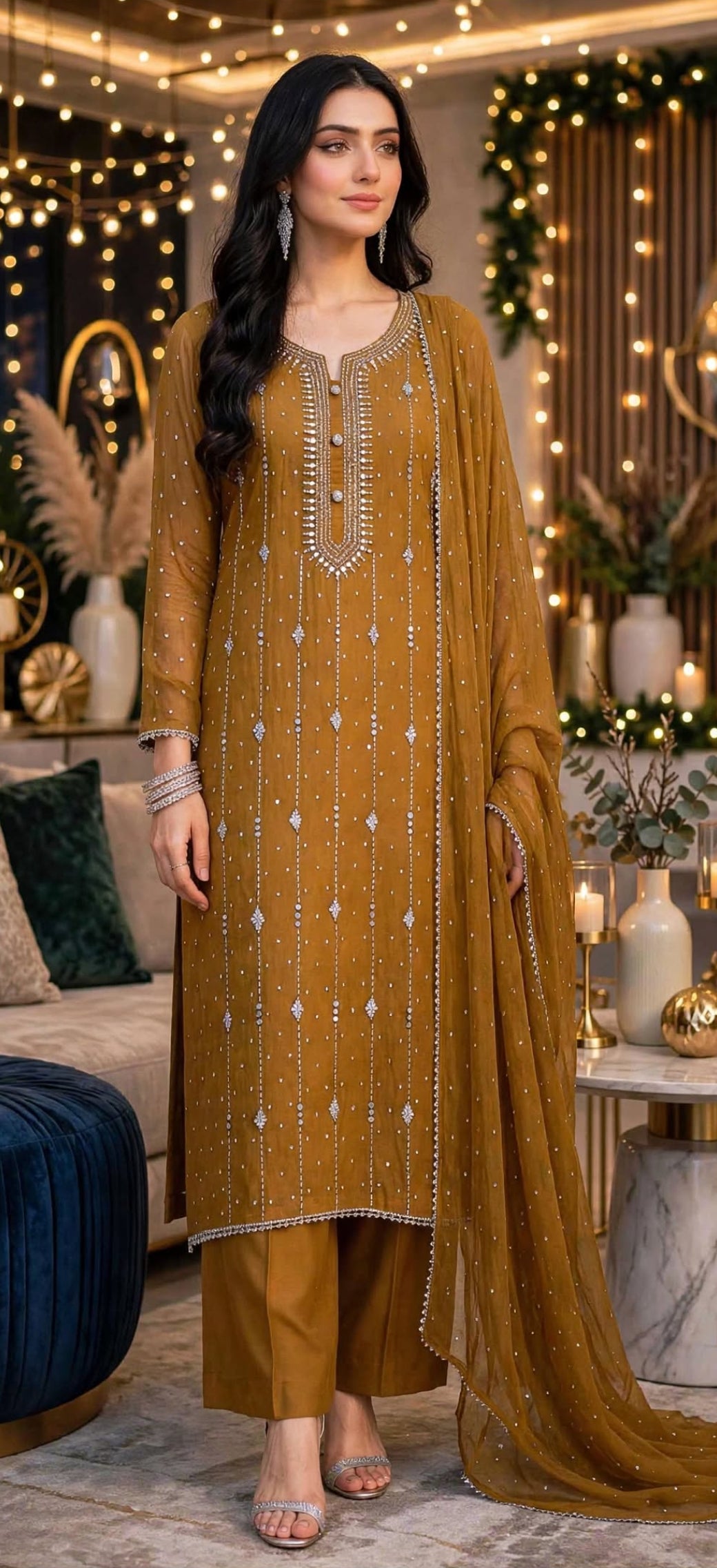 Mustard Yellow - Kamdani Makesh Work - Soft Chiffon - Unstitched Suit