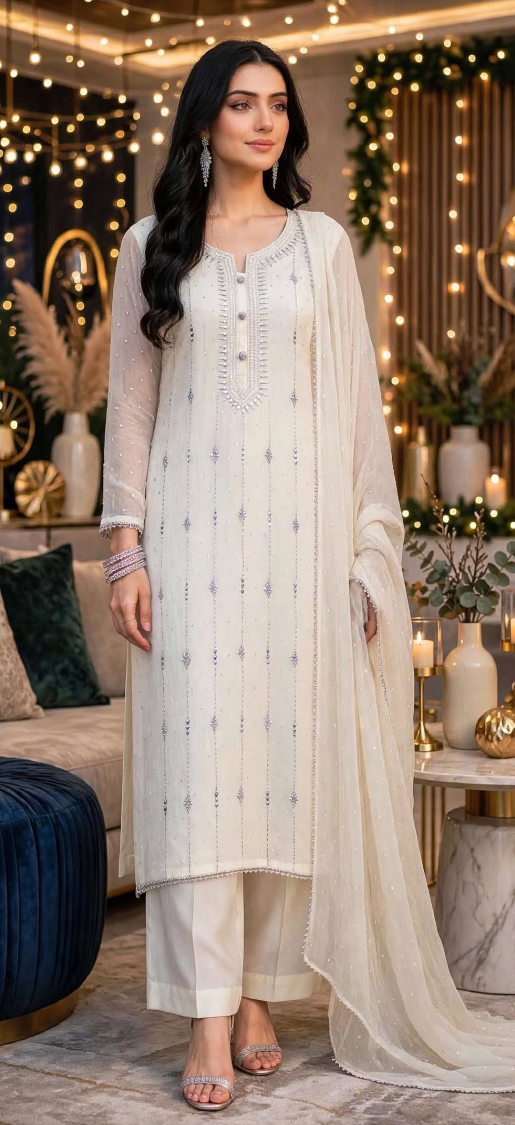 Off White - Kamdani Makesh Work - Soft Chiffon - 2-Piece Unstitched Suit