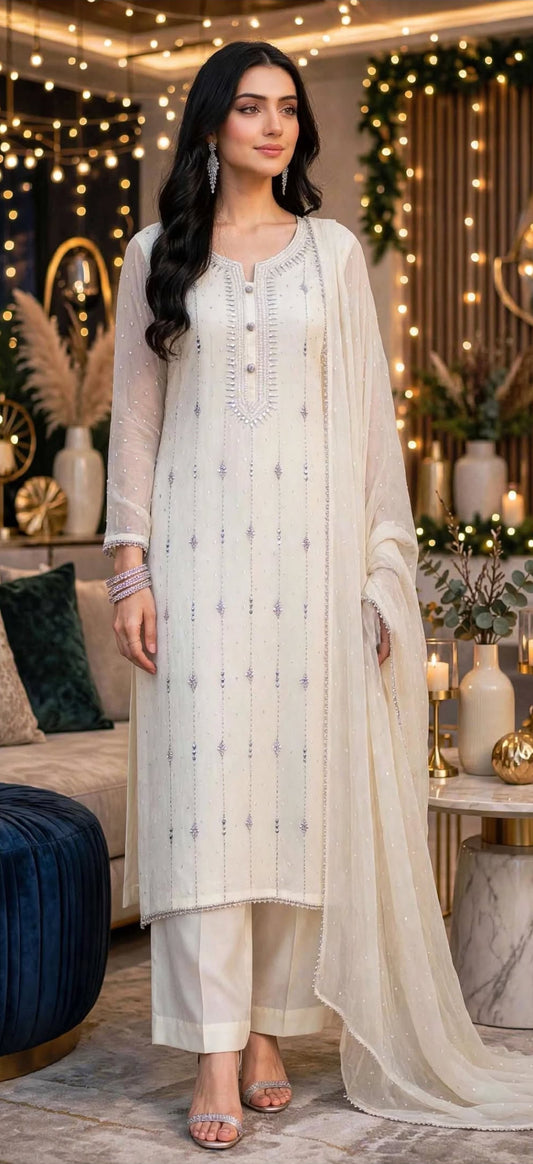 Off White - Kamdani Makesh Work - Soft Chiffon - 2-Piece Unstitched Suit
