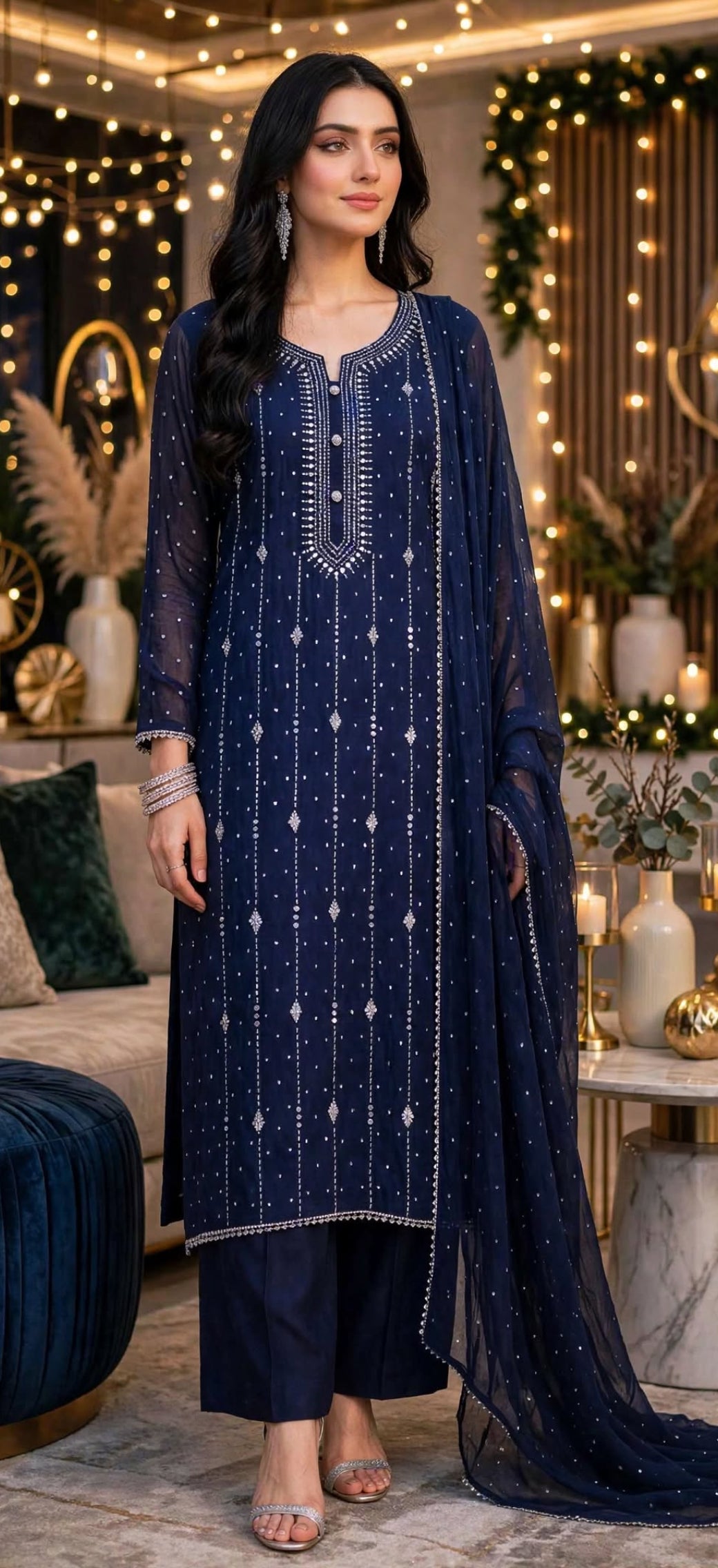 Navy Blue - Kamdani Makesh Work - Soft Chiffon - 2-Piece Unstitched Suit