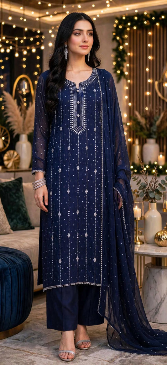 Navy Blue - Kamdani Makesh Work - Soft Chiffon - 2-Piece Unstitched Suit