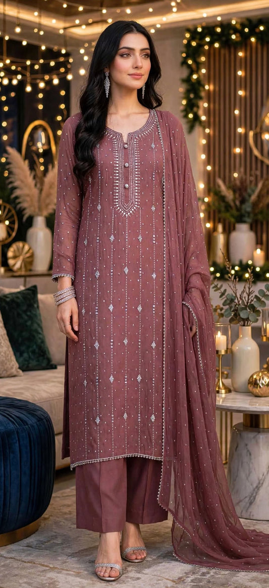 Mauve - Kamdani Makesh Work - Soft Chiffon - 2-Piece Unstitched Suit
