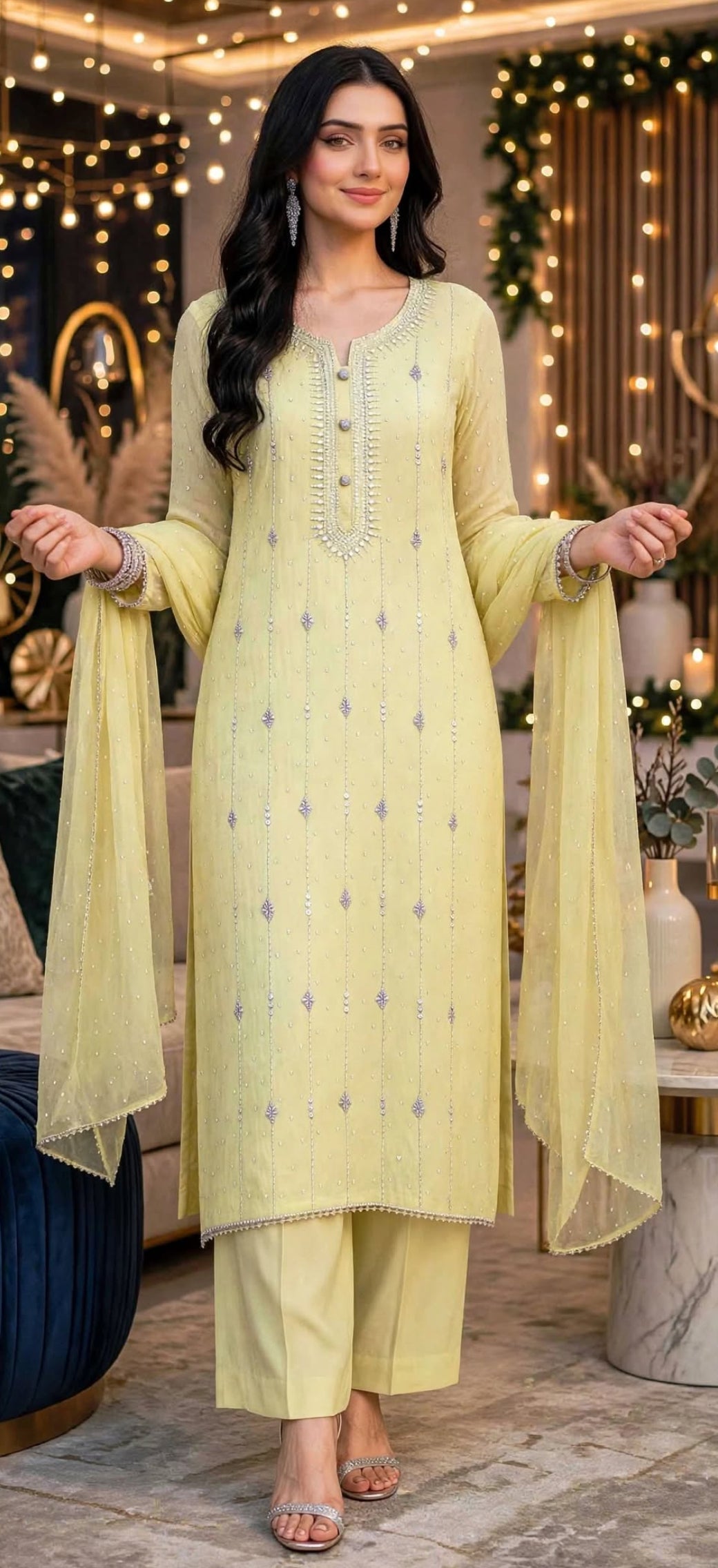 Butter Yellow - Kamdani Makesh Work - Soft Chiffon - Unstitched Suit