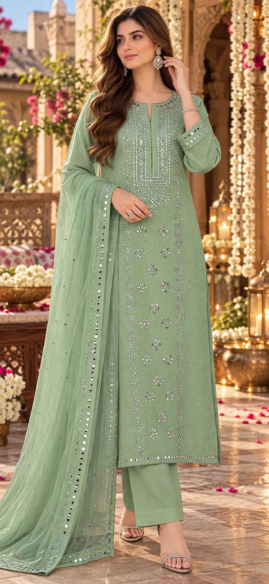 Sage Green - Kamdani Makesh Work - Soft Chiffon - 3-Piece Unstitched Suit