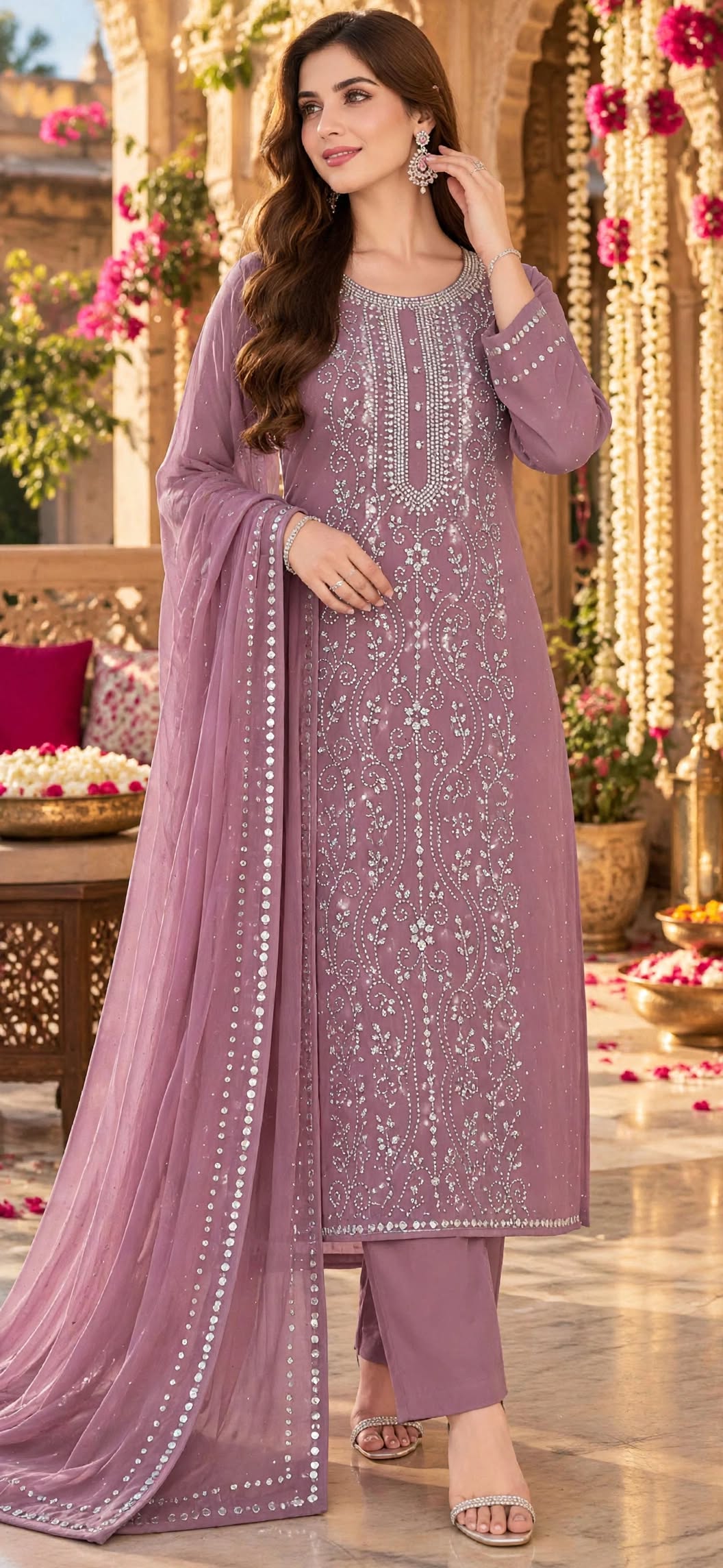 Dusty Rose - Kamdani Makesh Work - Soft Chiffon - 3-Piece Unstitched Suit
