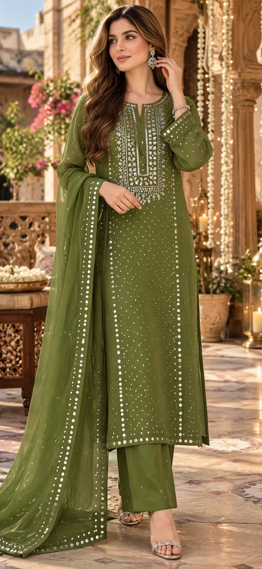 Green - Kamdani Makesh Work - Soft Chiffon - 2-Piece Unstitched Suit