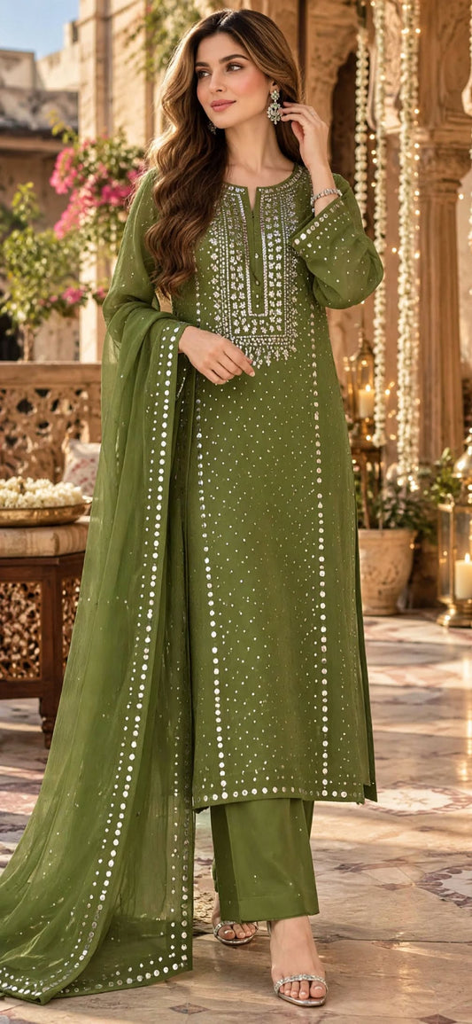 Green - Kamdani Makesh Work - Soft Chiffon - 2-Piece Unstitched Suit