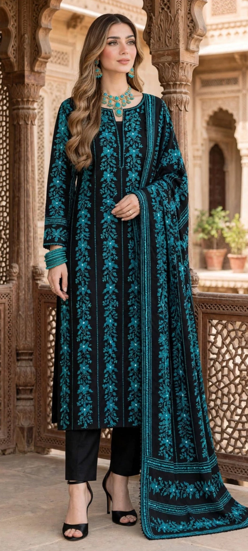 Black Blue  - Tarkashi Gulistan - Embroidered 3-Piece Unstitched Chiffon Suit