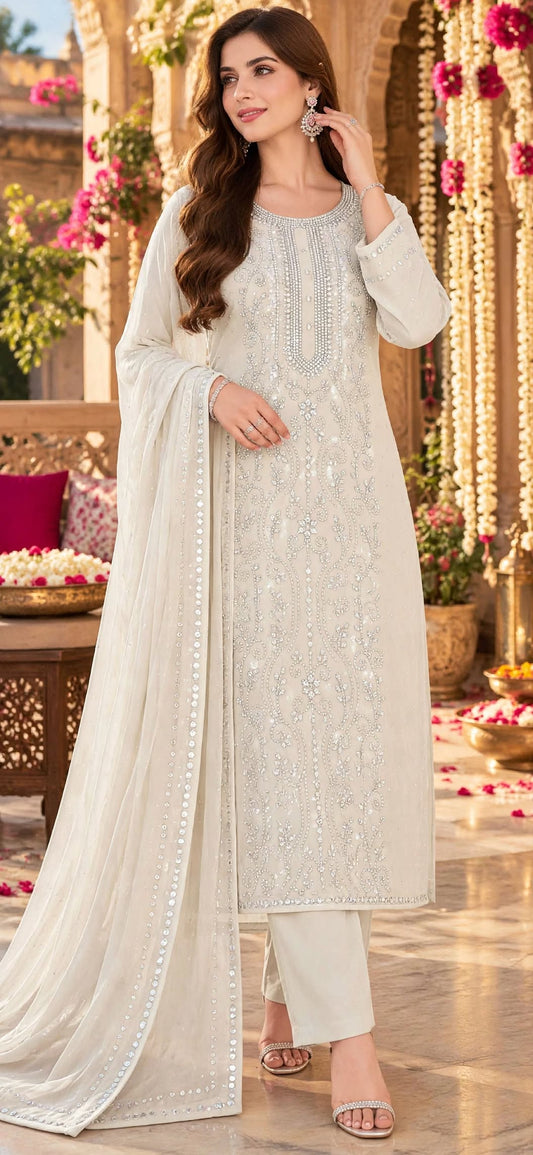 White - Kamdani Makesh Work - Soft Chiffon - 3-Piece Unstitched Suit