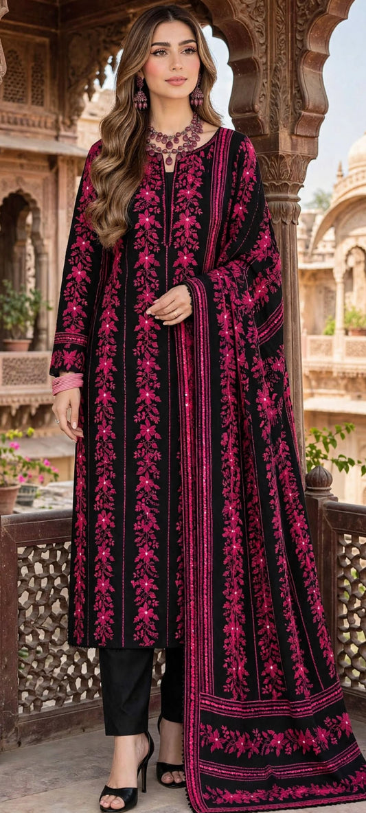Black Pink  - Tarkashi Gulistan - Embroidered 3-Piece Unstitched Chiffon Suit