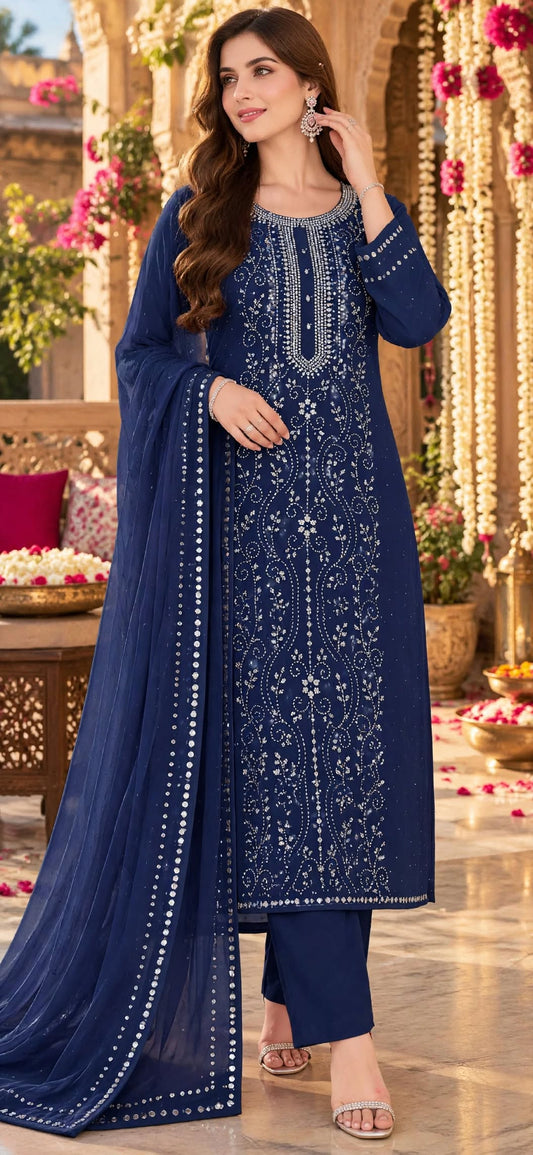 Royal Blue - Kamdani Makesh Work - Soft Chiffon - 3-Piece Unstitched Suit