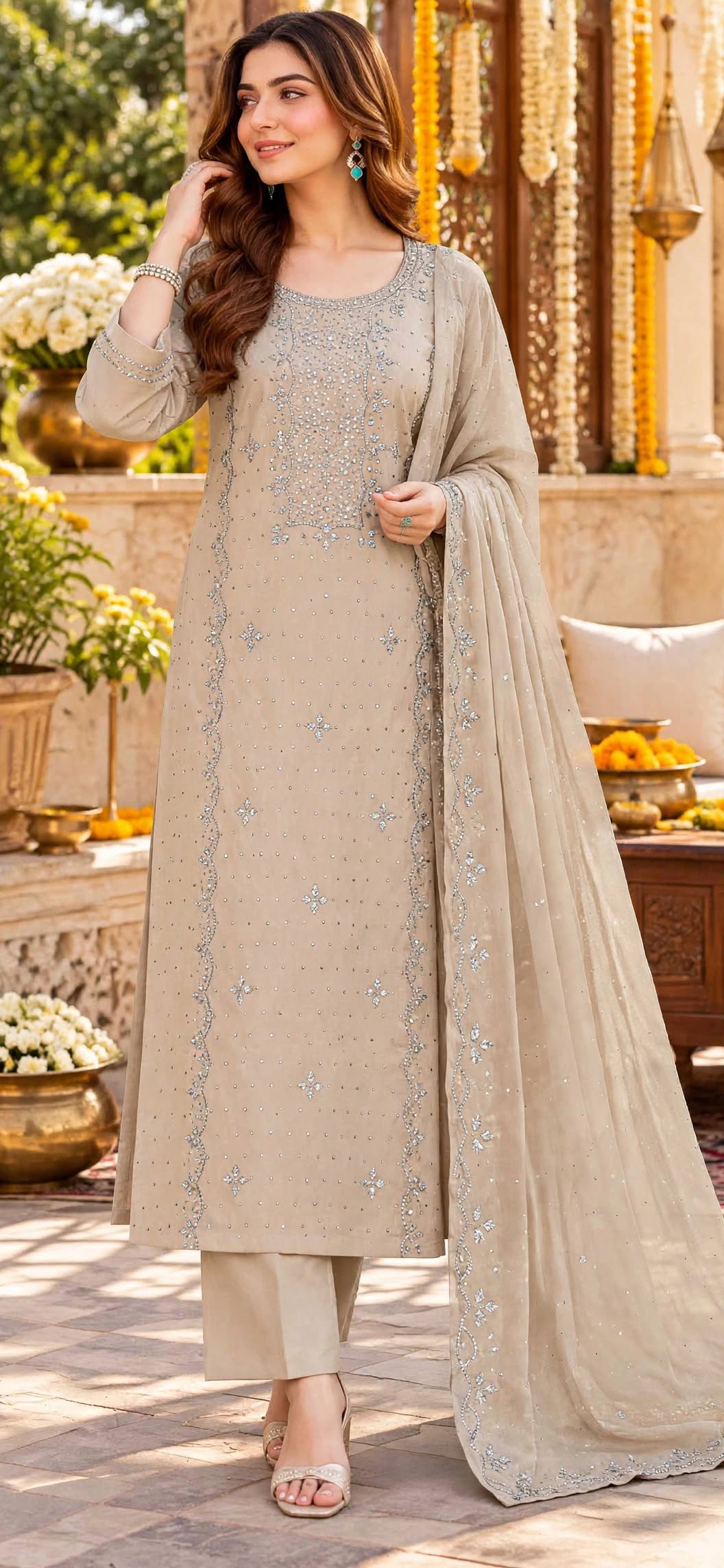 Ivory Beige - Kamdani Makesh Work - Soft Chiffon - 3-Piece Unstitched Suit