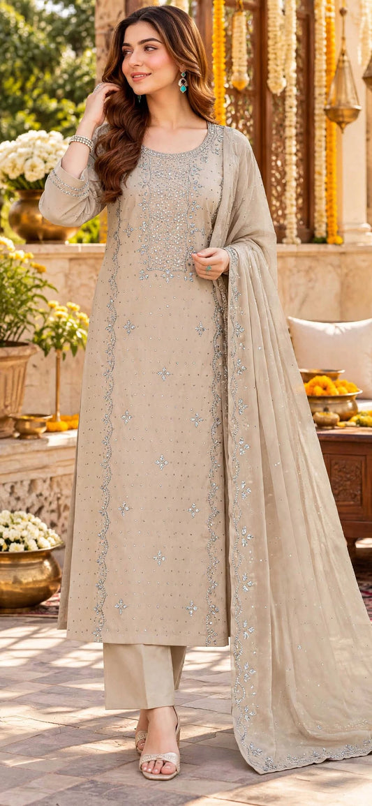 Ivory Beige - Kamdani Makesh Work - Soft Chiffon - 3-Piece Unstitched Suit