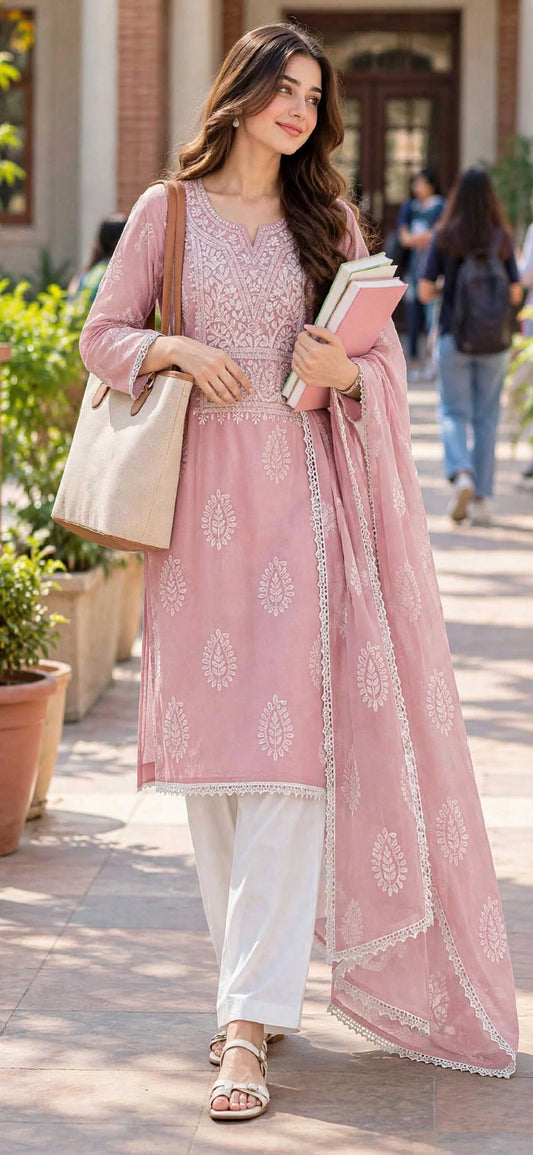 Dusty Pink - Embroidered 2-Piece Stitched Paper Cotton Suit