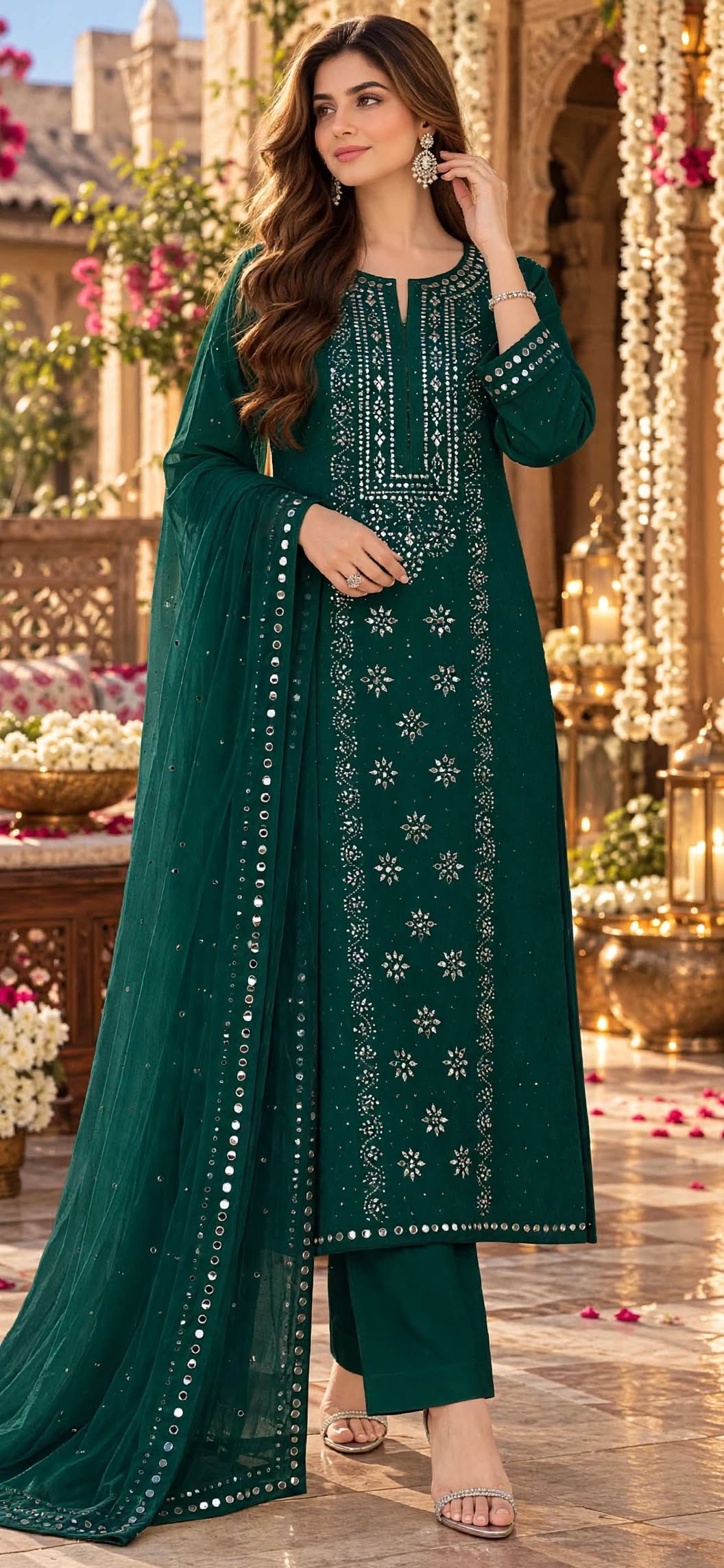 Emerald Green - Kamdani Makesh Work - Soft Chiffon - 3-Piece Unstitched Suit