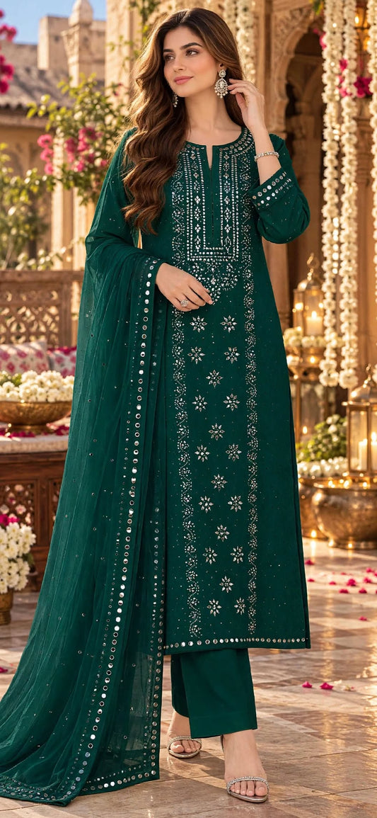 Emerald Green - Kamdani Makesh Work - Soft Chiffon - 3-Piece Unstitched Suit