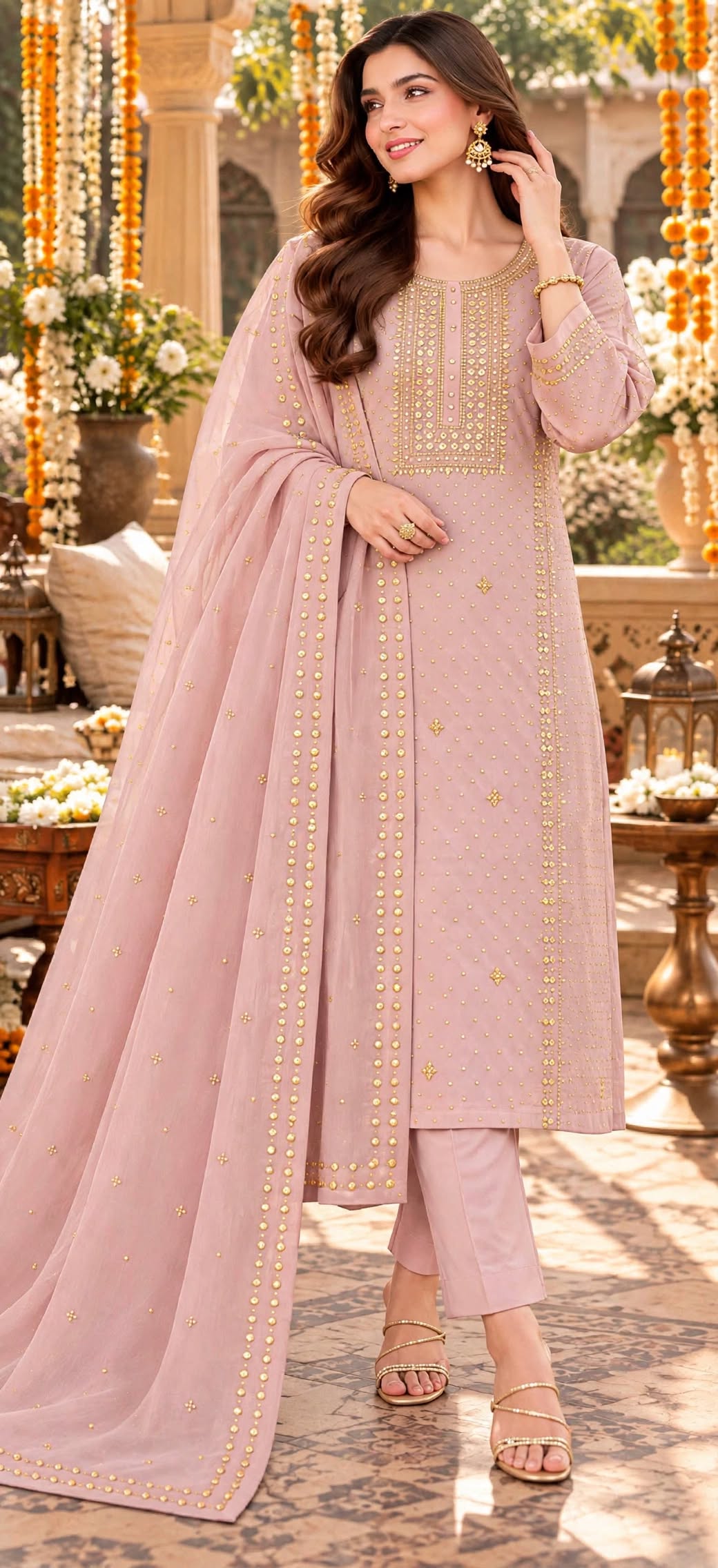 Peach Pink - Kamdani Makesh Work - Soft Chiffon - 3-Piece Unstitched Suit