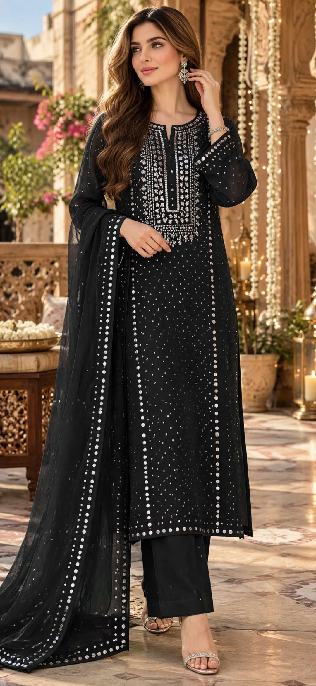 Black - Kamdani Makesh Work - Soft Chiffon - 2-Piece Unstitched Suit