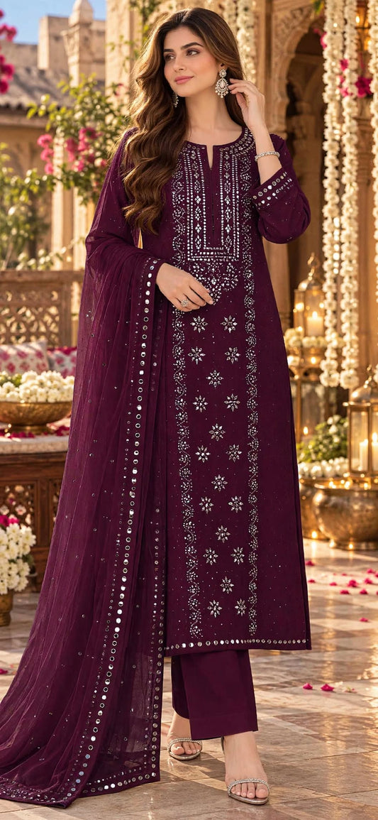 Plum Purple - Kamdani Makesh Work - Soft Chiffon - 3-Piece Unstitched Suit
