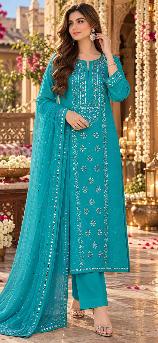 Aqua Turquoise - Kamdani Makesh Work - Soft Chiffon - 3-Piece Unstitched Suit