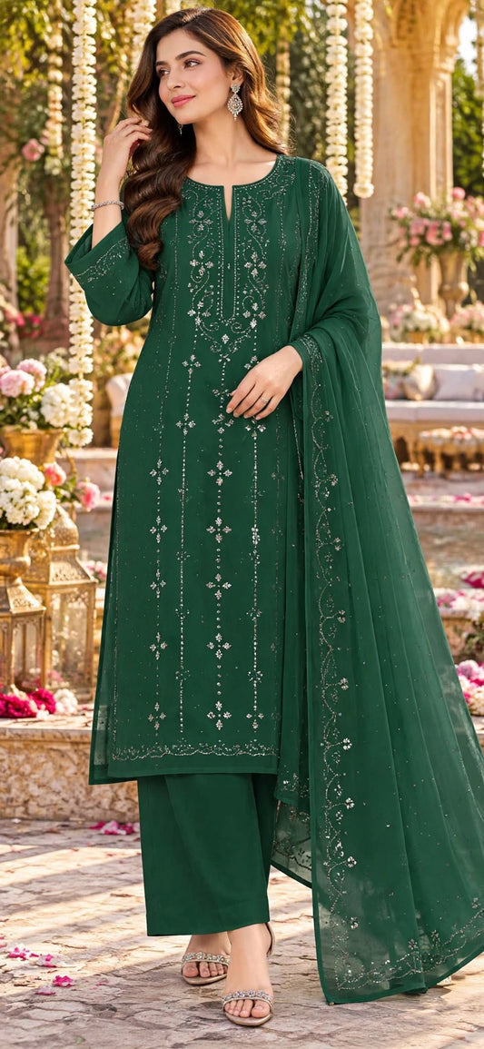 Green - Kamdani Makesh Work - Soft Chiffon - 3-Piece Unstitched Suit