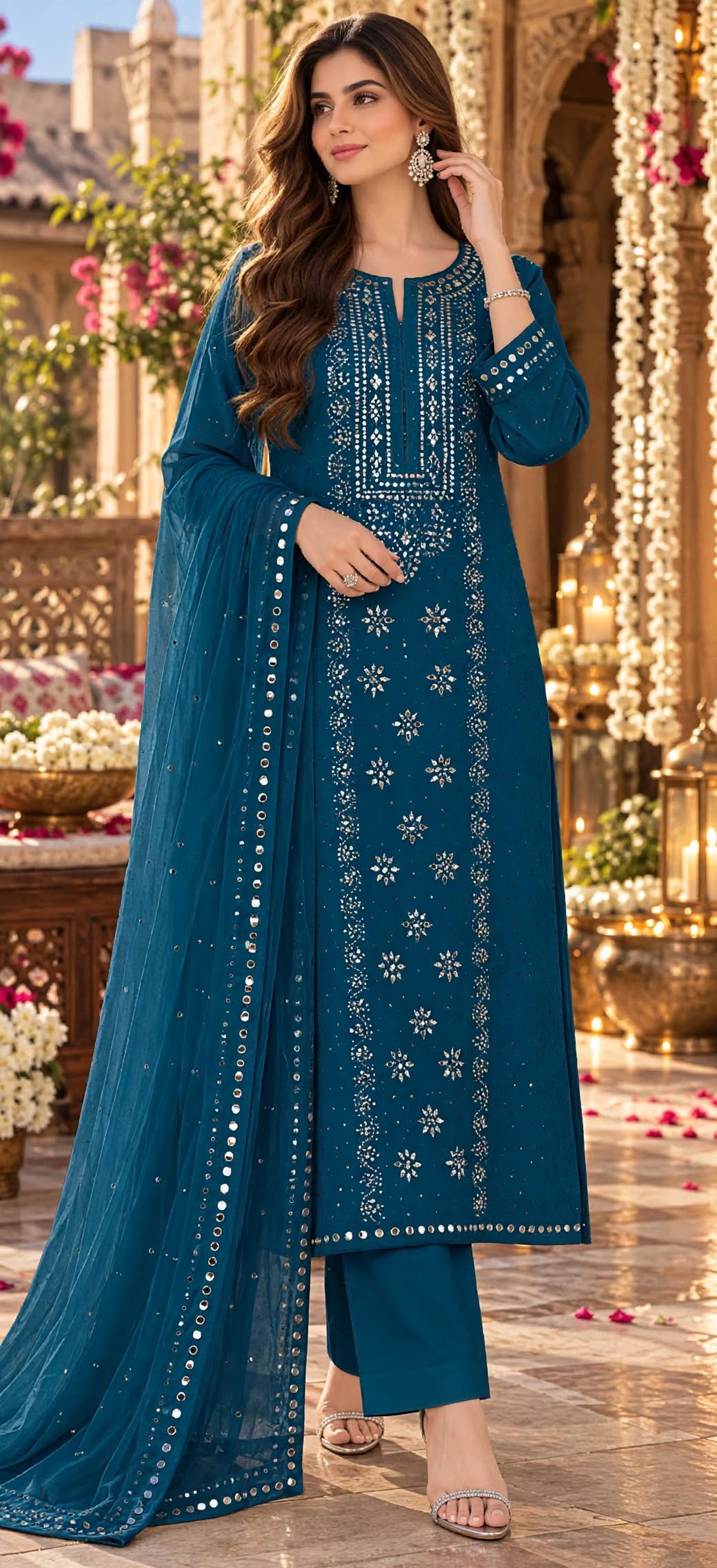 Teal Blue - Kamdani Makesh Work - Soft Chiffon - 3-Piece Unstitched Suit
