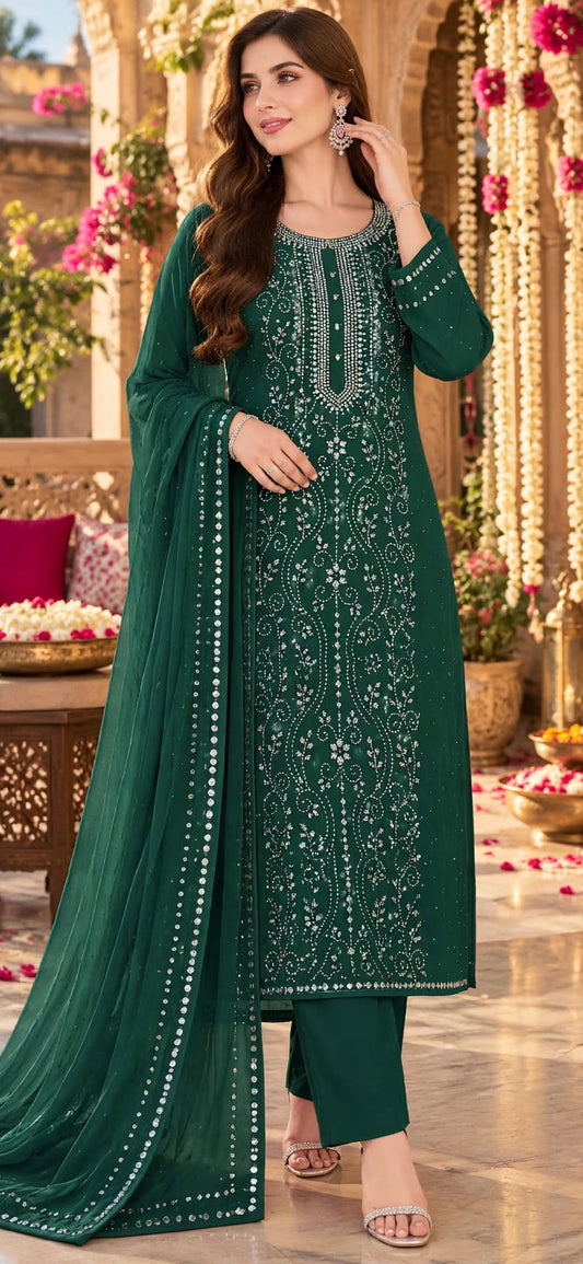 Emerald Green - Kamdani Makesh Work - Soft Chiffon - 3-Piece Unstitched Suit