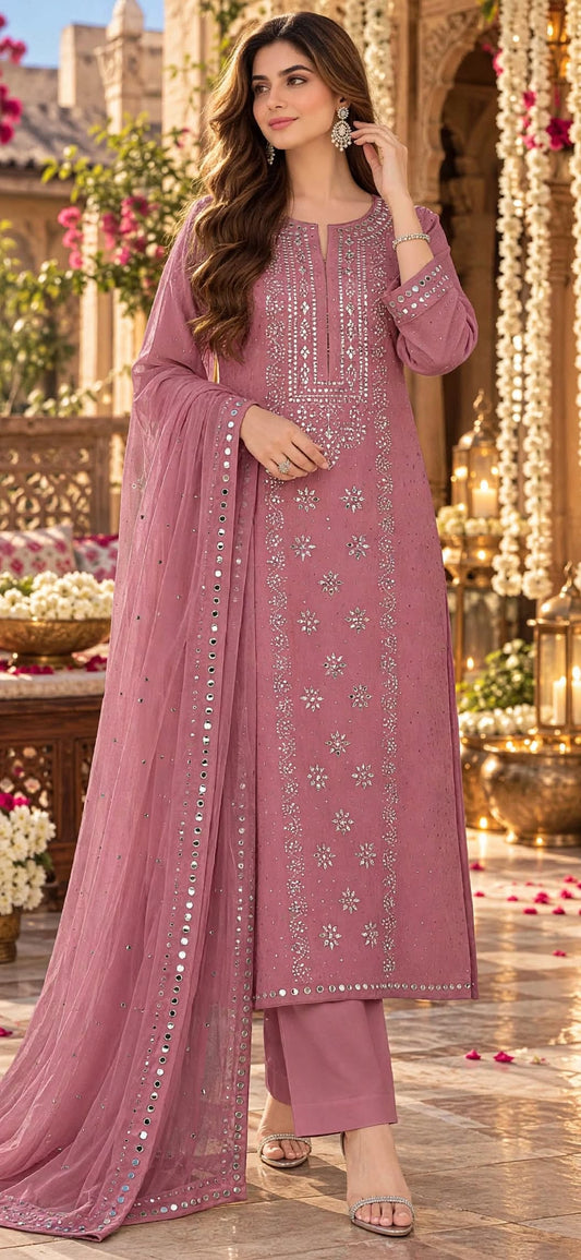 Pink - Kamdani Makesh Work - Soft Chiffon - 3-Piece Unstitched Suit